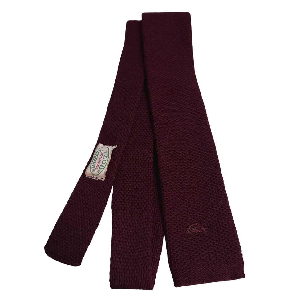 Vintage Izod Lacoste Necktie Maroon Red 100% Wool Knit Square Skinny Crocodile